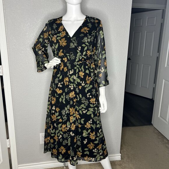 NWT CALVIN KLEIN Chiffon Midi Dress Dark Floral Fairy Grunge Woodland  Size 4 - Picture 2 of 9